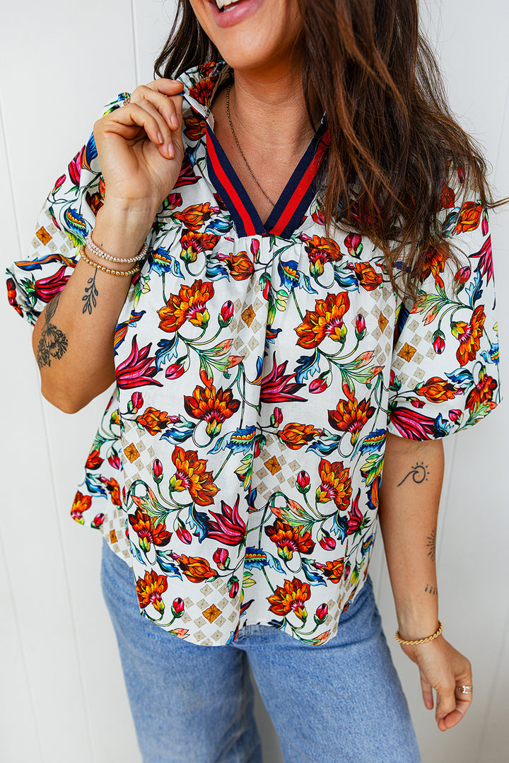 Multicolour Contrasted V Neckline Floral Puff Short Sleeve Blouse