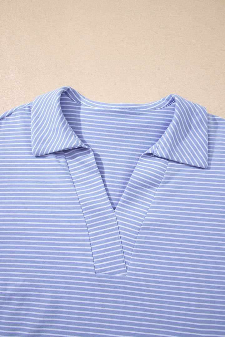 Sky Blue Stripe Dolman Sleeve Polo Shirt and Drawstring Shorts Set