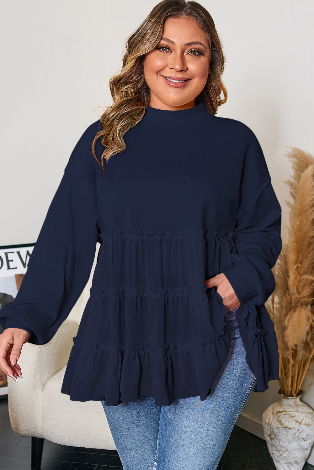 Navy Blue Tiered Ruffle Ribbed Crew Neck Pullover Plus Size Top