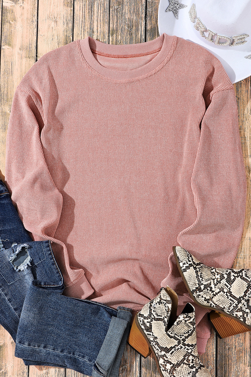 Pink Solid Ribbed Knit Round Neck Pullover Sweatshirt