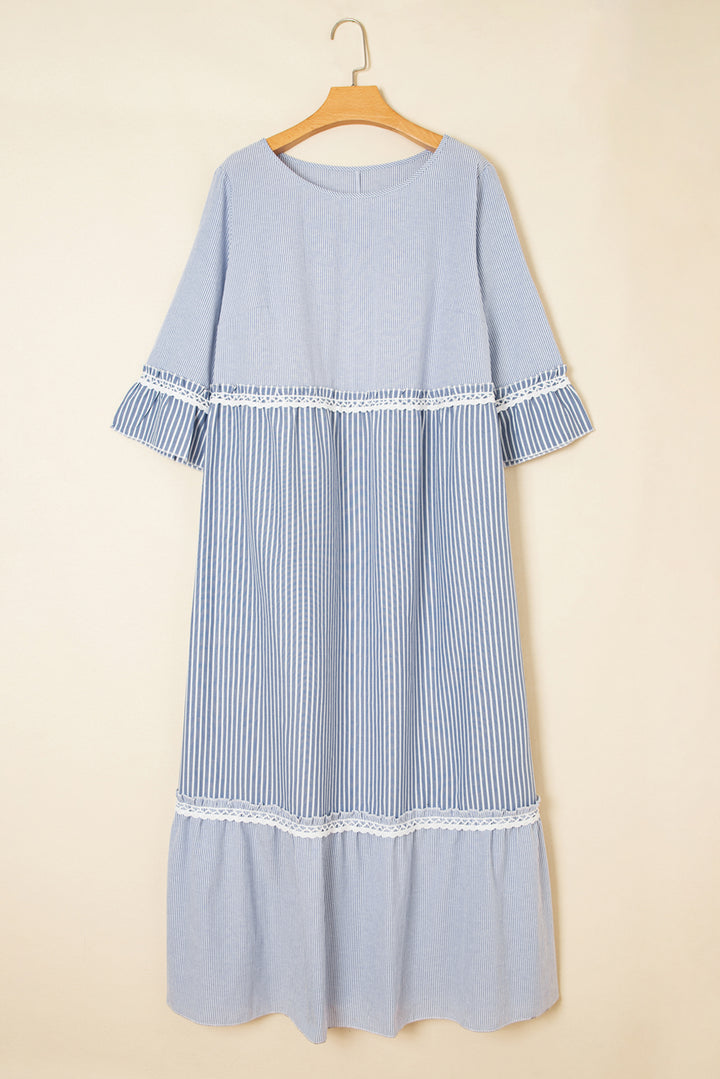 Sky Blue Stripe Crisscross Lace Detail Mixed Striped Patchwork Plus Size Shift Long Dress