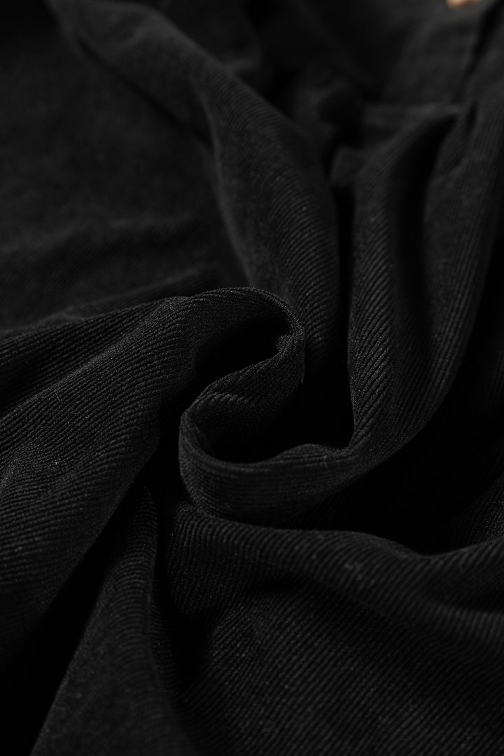 Black Corduroy Half Button Collared Long Sleeve Mini Dress