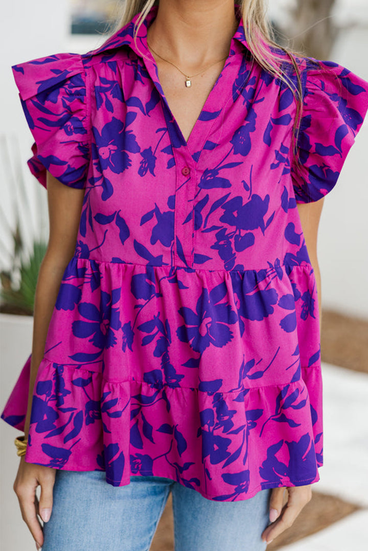 Orange Floral Print Collared Button Neckline Flutter Sleeve Blouse