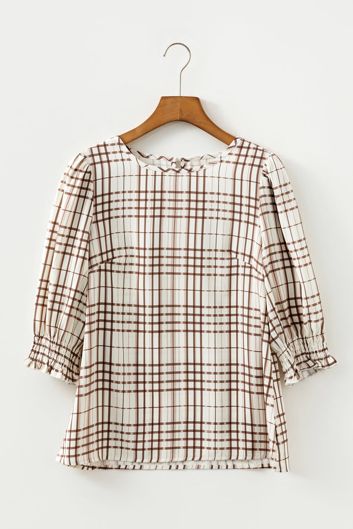 White Plaid Print Frilled Puffy Half Sleeve Blouse