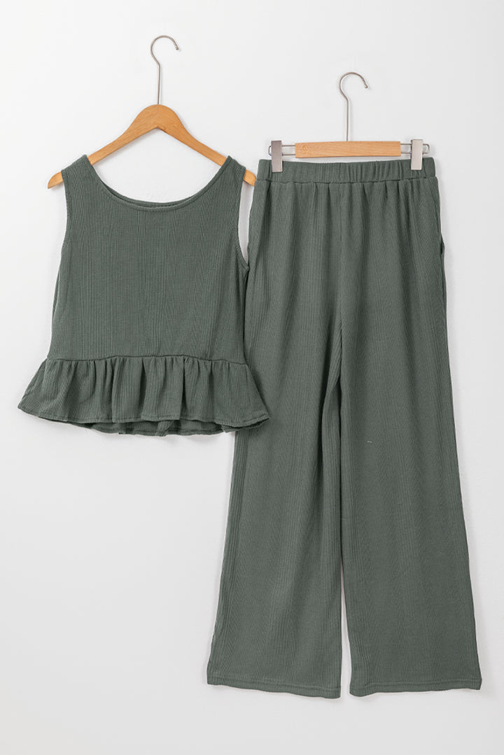 Duffel Green Solid Color Ribbed Ruffle Tank Top and Pants Set