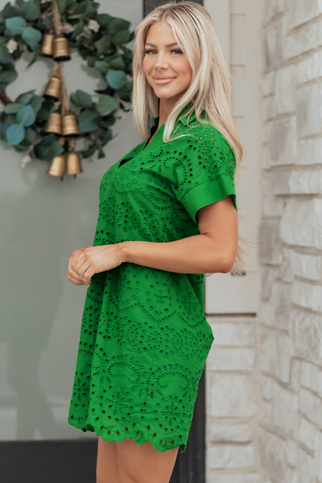 Green Solid Color Eyelet Embroidered T Shirt Mini Dress