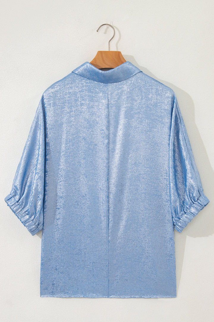 Myosotis Collared V Neck Half Sleeve Metallic Top