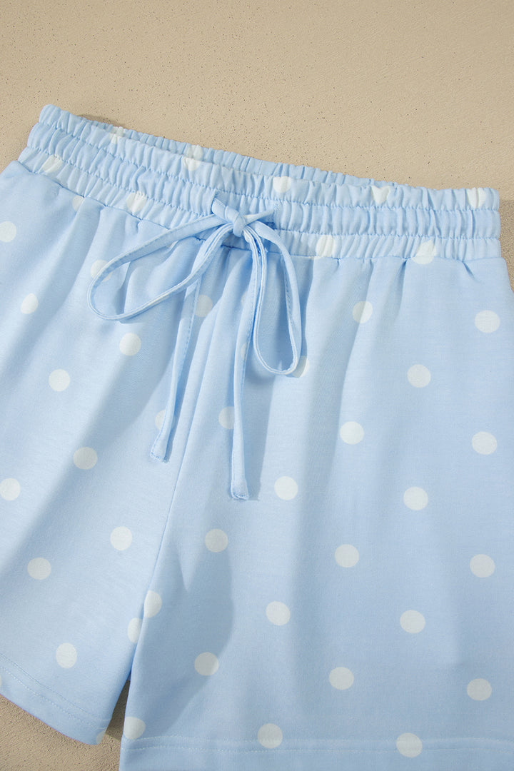 Sky Blue Exposed Seam Detail Polka Dot Loose Tee Drawstring Shorts Set