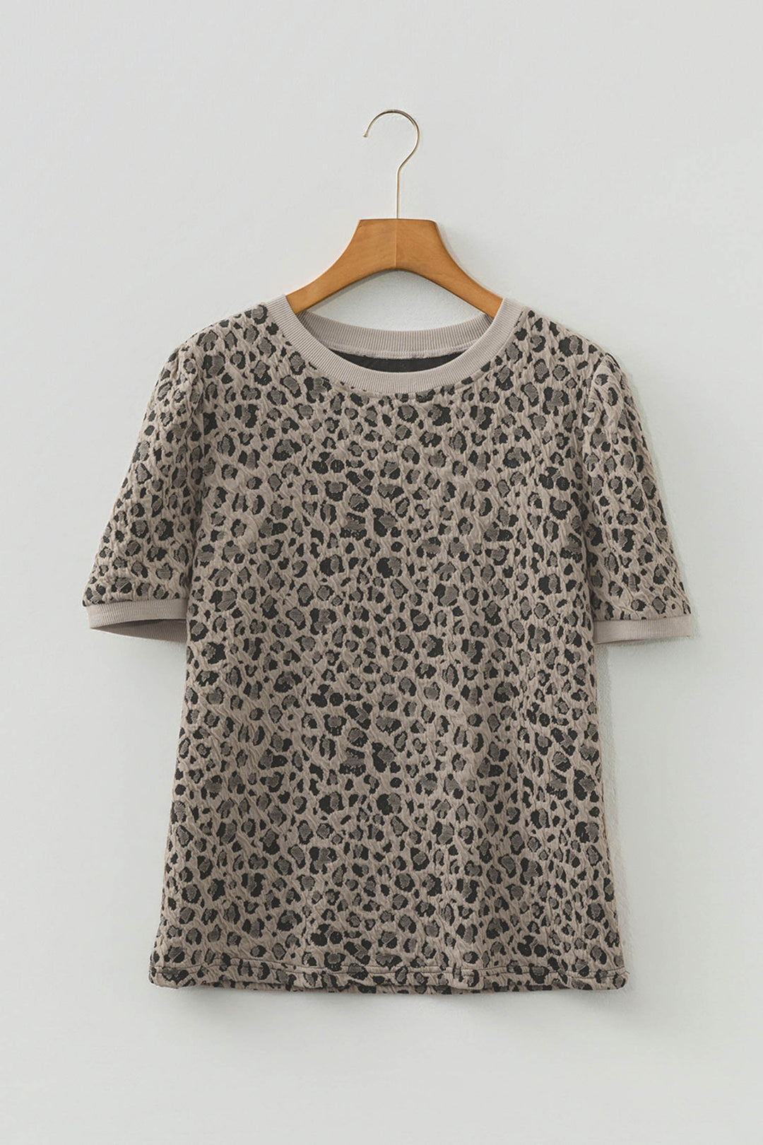 Khaki Textured Leopard Print Crew Neck Short Sleeve Top