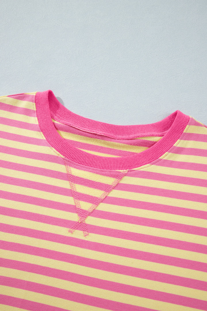 Yellow Stripe Colorblock Trim Crew Neck Loose Tee Drawstring Elastic Waist 2pcs Pant Set