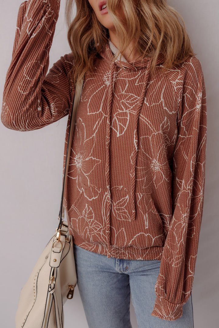 Brown Floral Twisted Rib Drawstring Kangaroo Pocket Hoodie