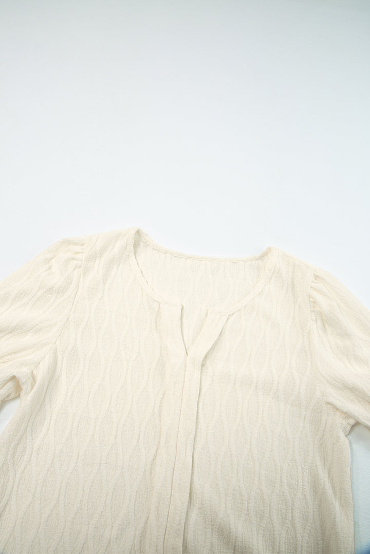 White Solid Color Textured Notched Neck Puff Sleeve Blouse