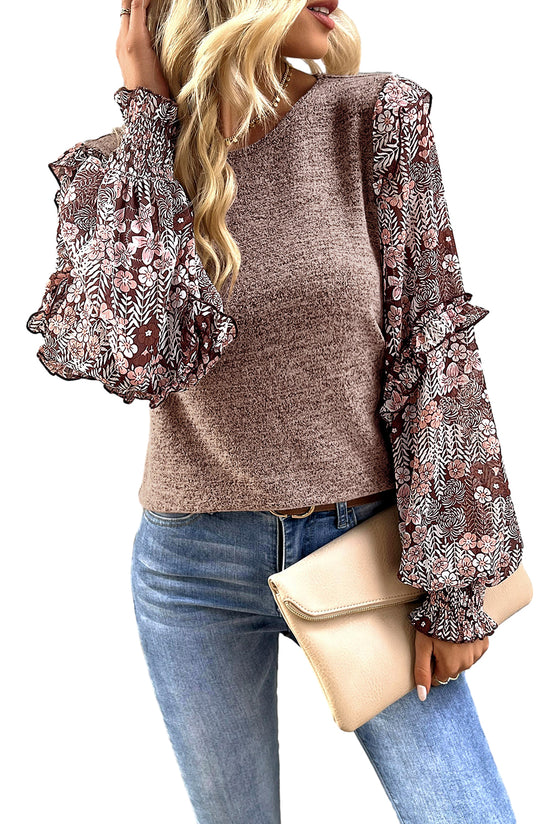 Pale Chestnut Ruffle Tiered Floral Sleeve Crew Neck Blouse