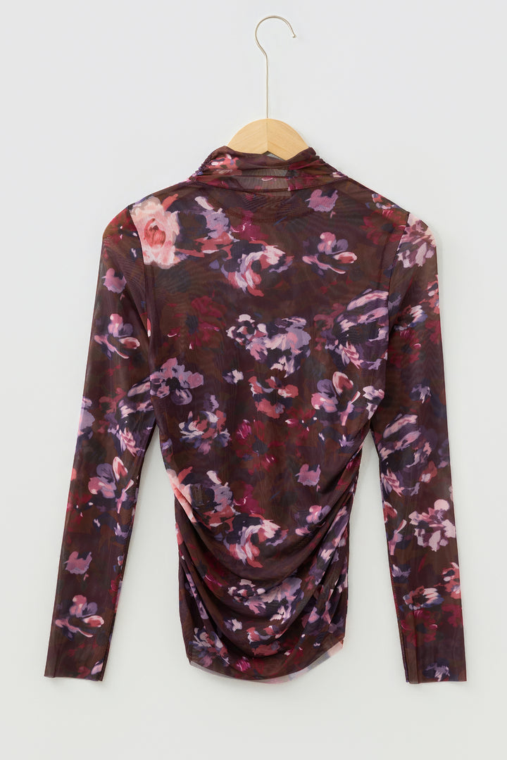 Brown High Neck Ruched Floral Mesh Top