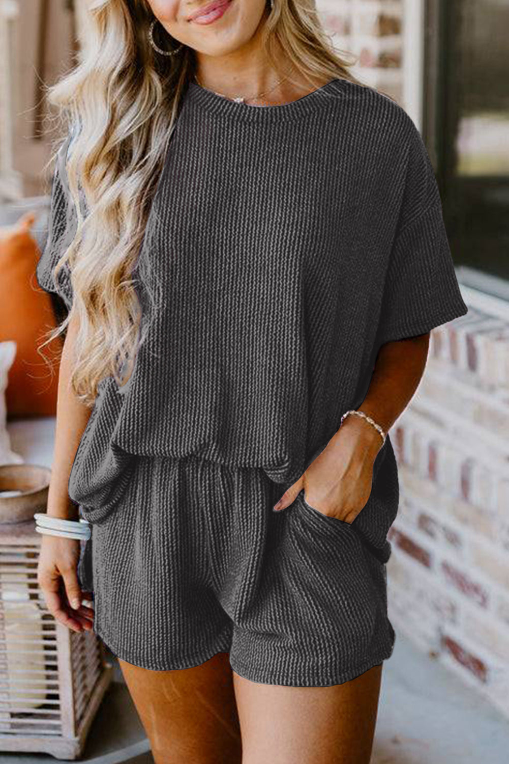 Carbon Grey Ribbed Textured Knit Loose Fit Tee and Shorts Set | Women