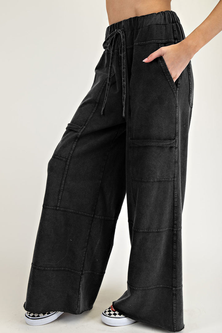 Black Mineral Wash Exposed Seam Drawstring Elastic Waistband Wide Leg Cargo Pants