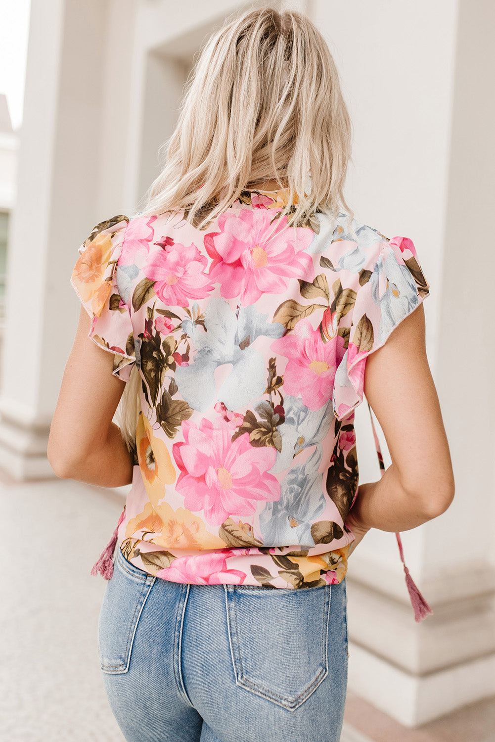 Pink Floral Print Tassel Tie Short Sleeve Blouse | Women