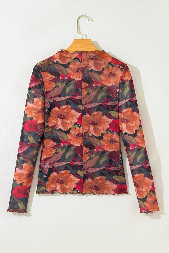 Multicolour Floral Print Lettuce Trim Long Sleeve Mesh Top
