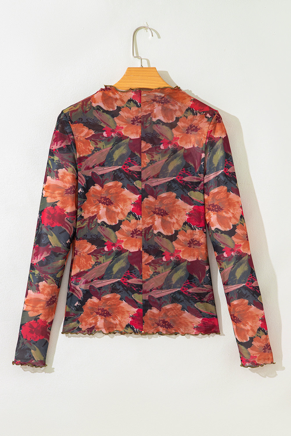 Multicolour Floral Print Lettuce Trim Long Sleeve Mesh Top