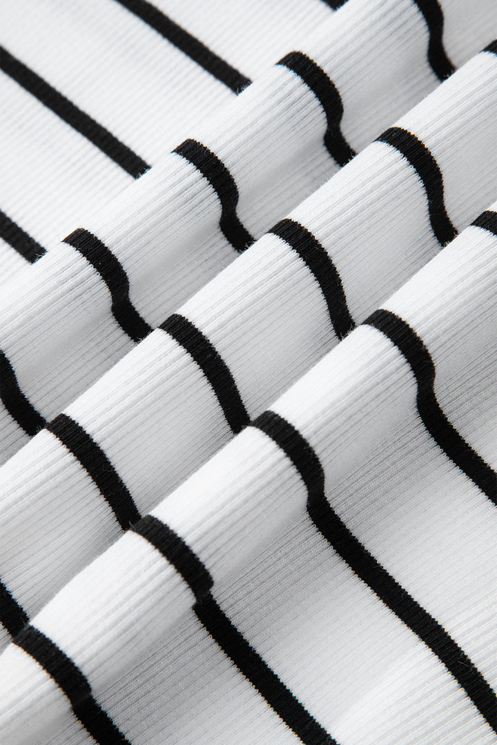 White Stripe Stand Collar V Neck Elastic Cuffs Half Sleeve Dolman Top