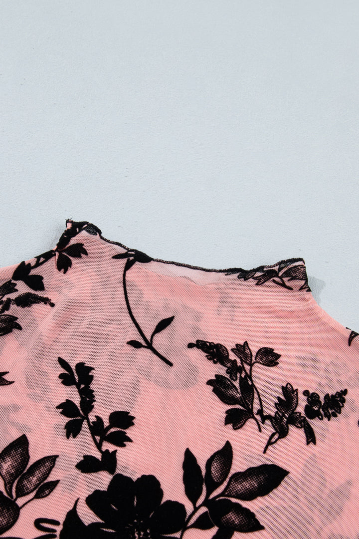 Gossamer Pink Retro Floral Print Mesh Long Sleeve Pullover Blouse