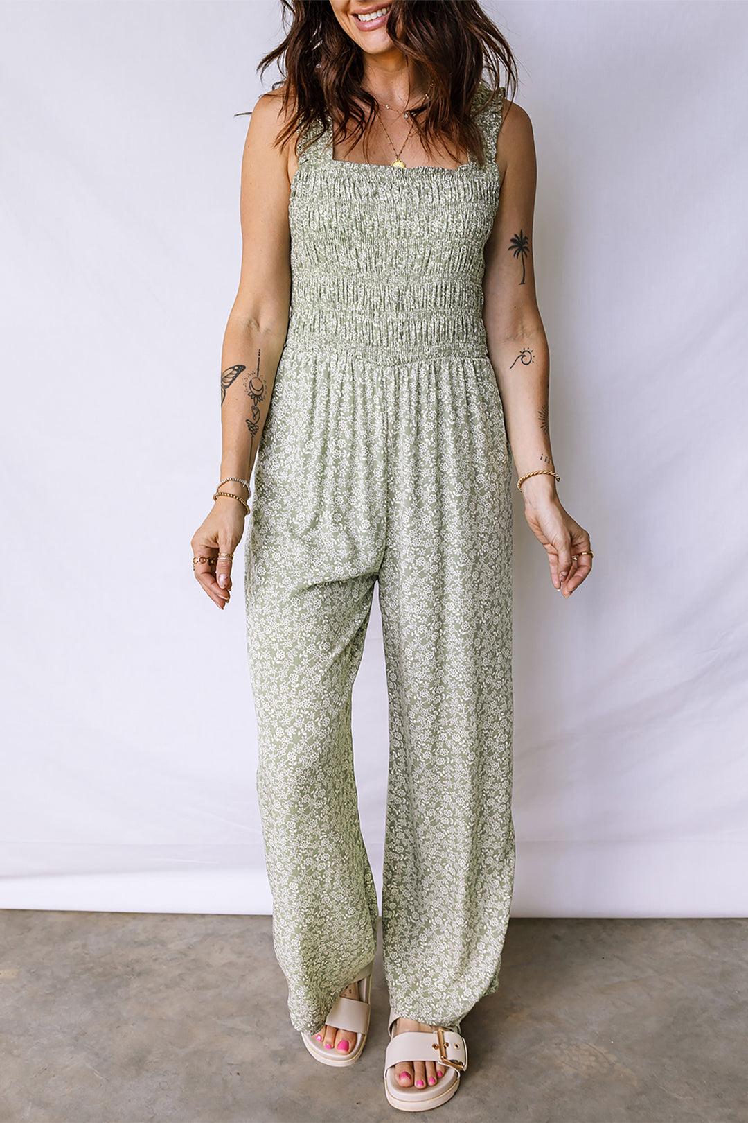 Green Smocked Bodice Square Neck Sleeveless Floral Jumpsuit