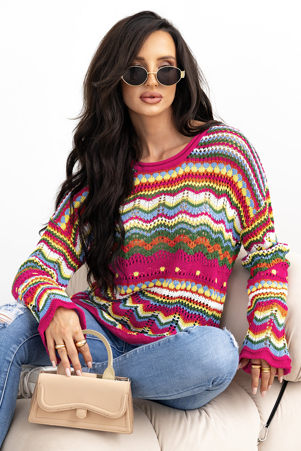 Rose Red Colorblock Striped Hollowed Knit Loose Sleeve Sweater | Women