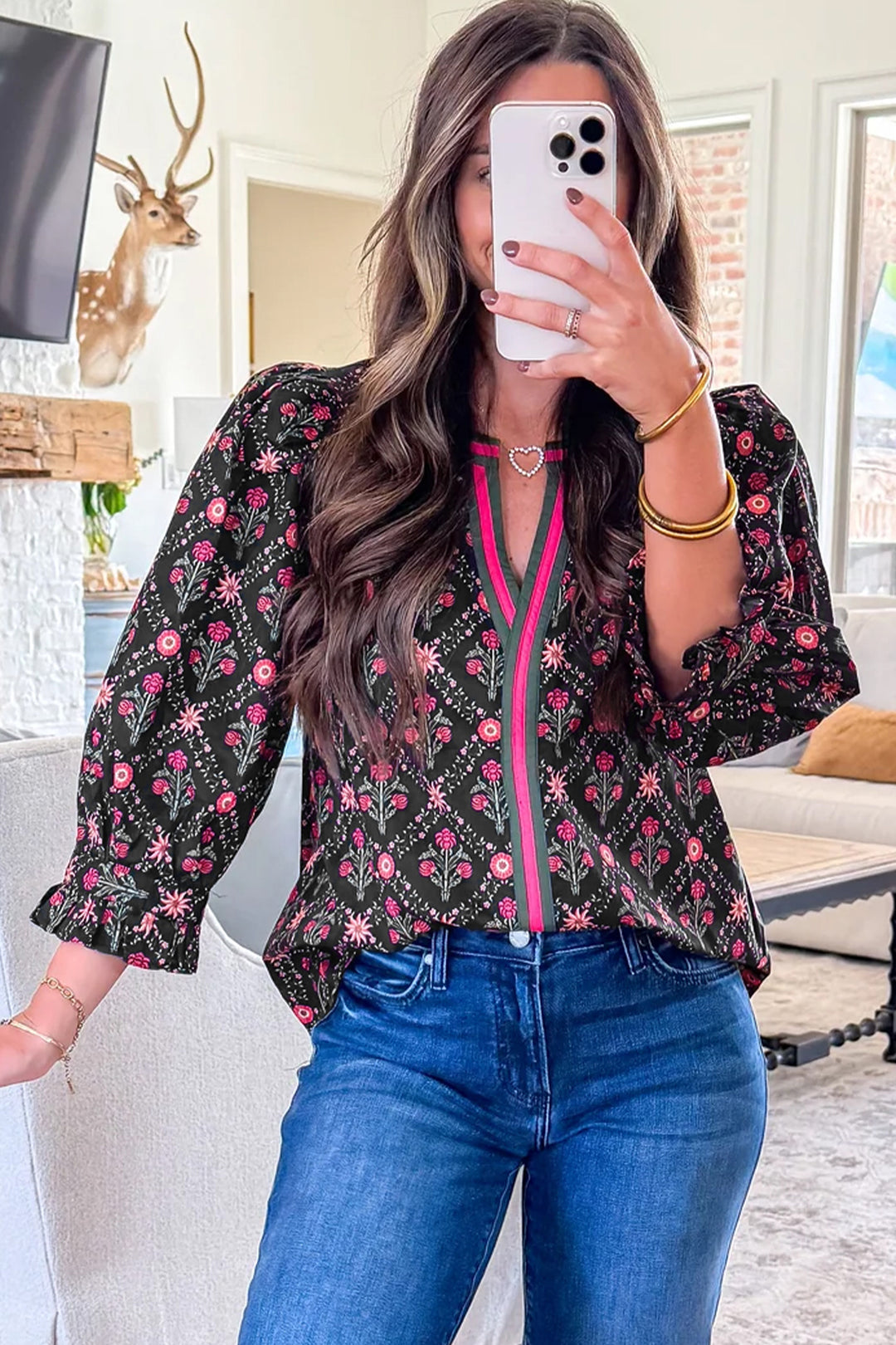 Black Contrast V Neckline Bracelet Sleeve Vintage Floral Blouse