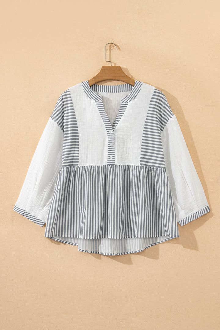 Gray Stripe Half Button Gauze Patchwork Bracelet Sleeve Babydoll Blouse