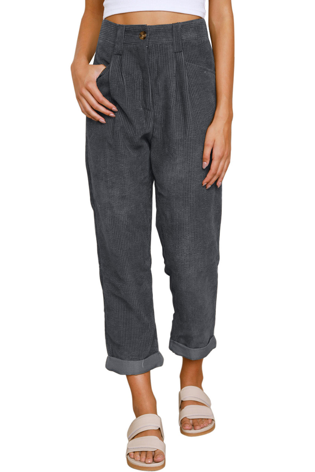 Gray Corduroy High Waist Straight Leg Pants| Women