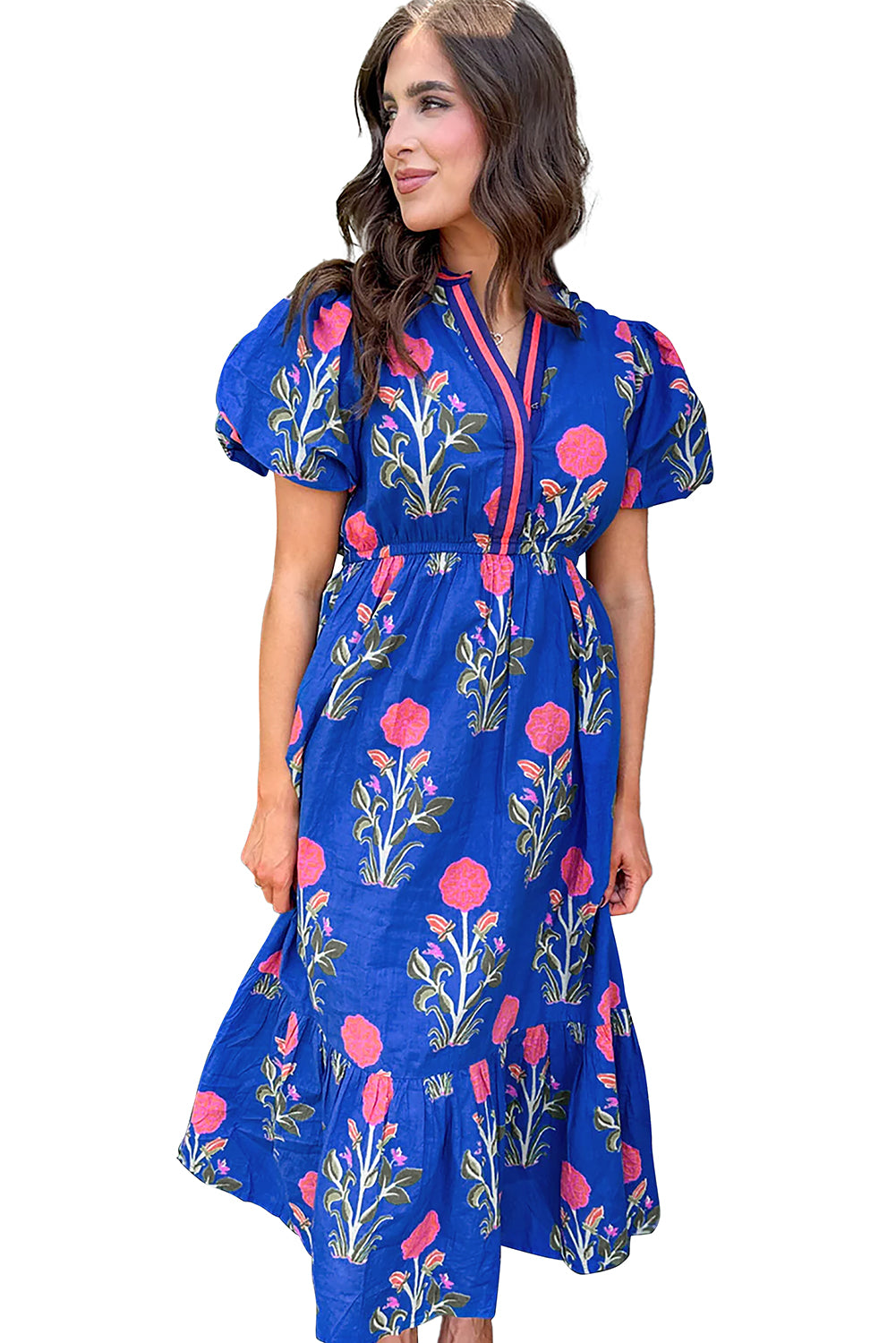 Sky Blue Floral Puff Short Sleeve V Neck High Waist Maxi Dress