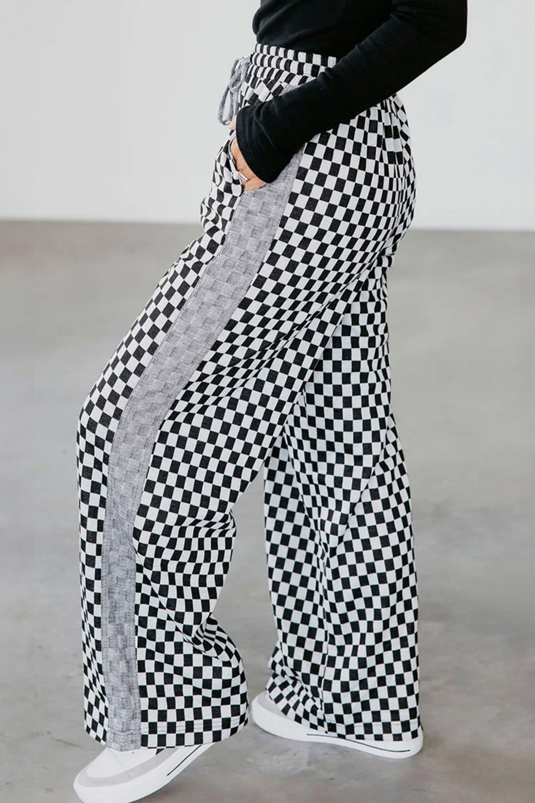 White Checkerboard Drawstring Waist Casual Pants
