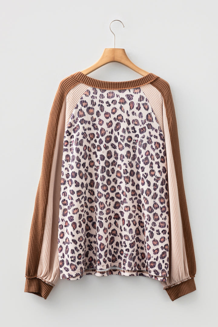Parchment Leopard Colorblock Patchwork Twist Ribbed Plus Size V Neck Baggy Pullover