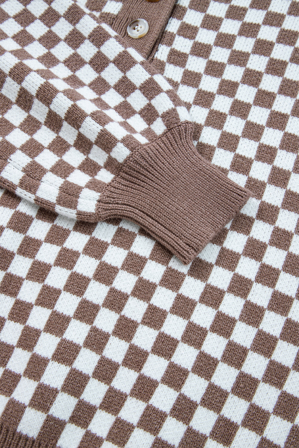 Dark Brown Half Button Ribbed Trim Checkerboard Knit Sweater