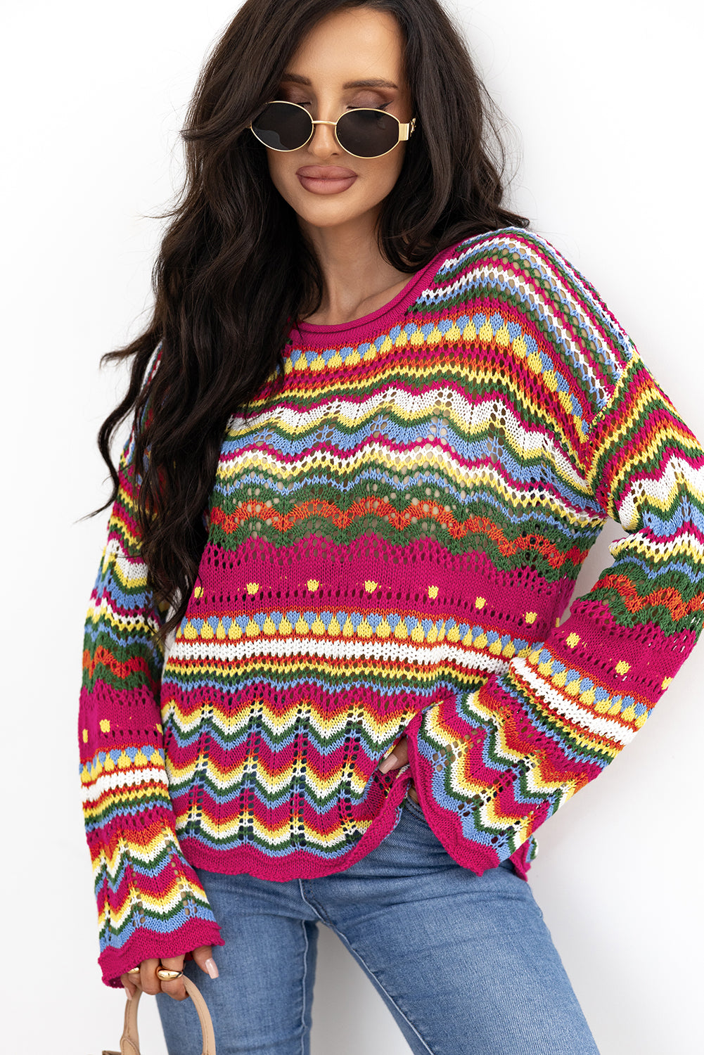 Rose Red Colorblock Striped Hollowed Knit Loose Sleeve Sweater | Women