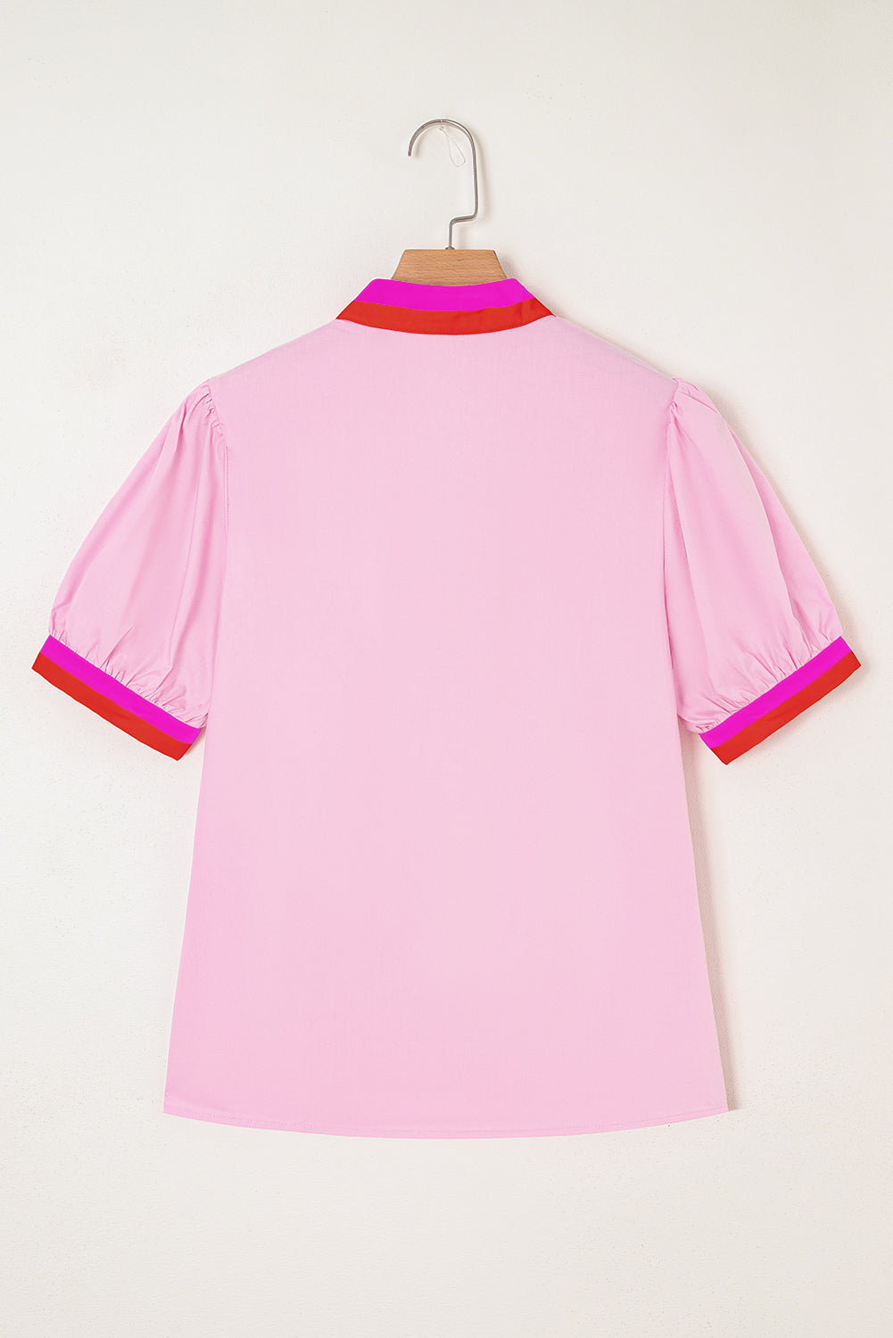 Pink Contrast Cotton Striped V Neck Collision Short Puff Sleeve Blouse
