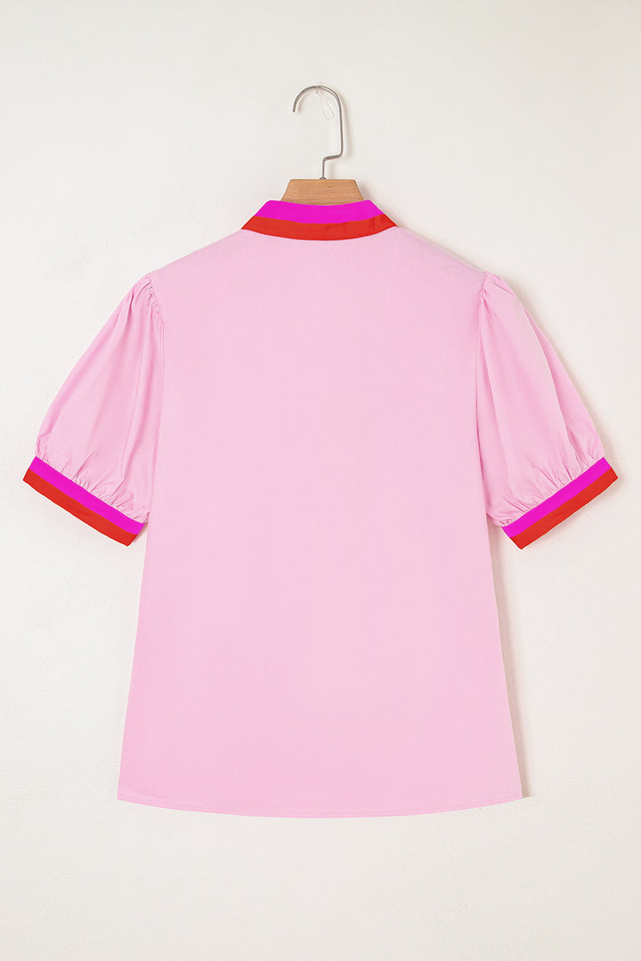 Pink Contrast Cotton Striped V Neck Collision Short Puff Sleeve Blouse