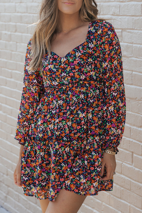 Wrapped V Neckline Long Sleeve Floral Dress