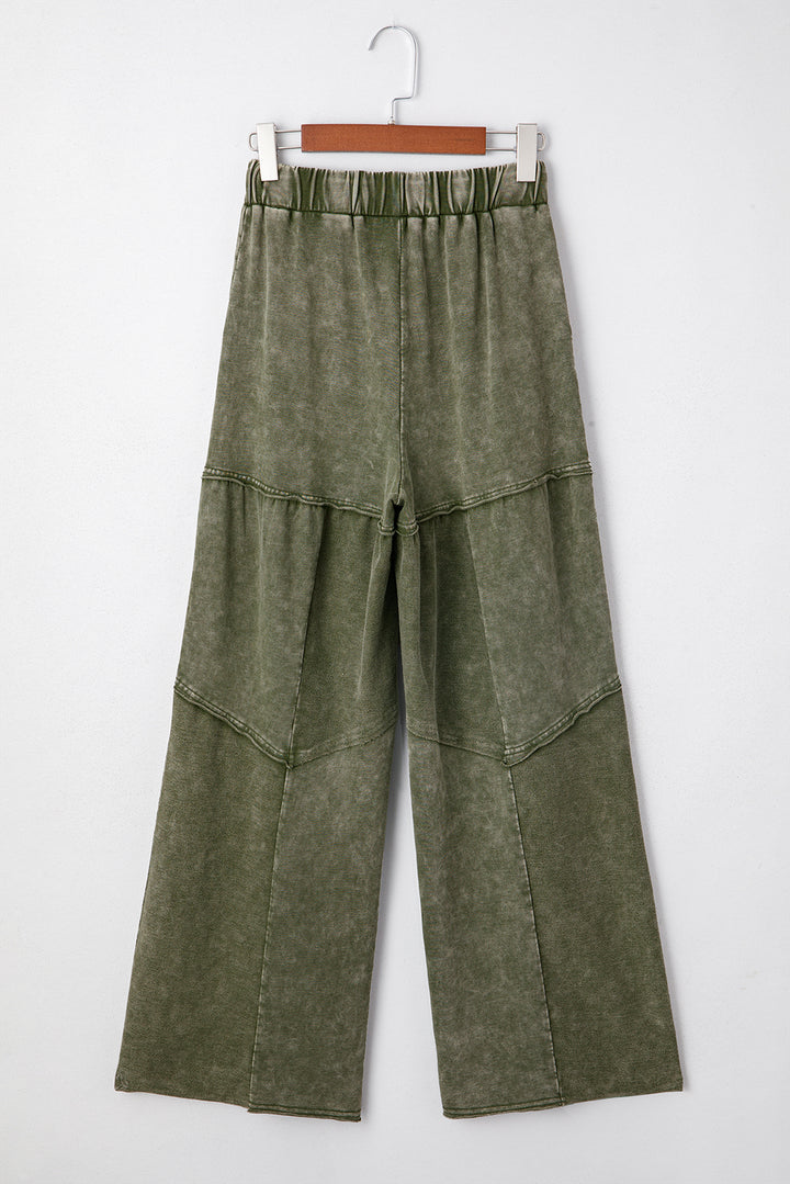 Vineyard Green Mineral Wash Tiered Wide Leg Patchwork Drawstring Pants