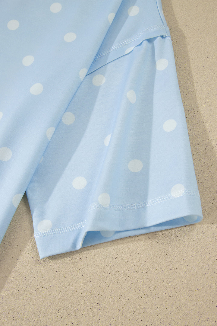 Sky Blue Exposed Seam Detail Polka Dot Loose Tee Drawstring Shorts Set