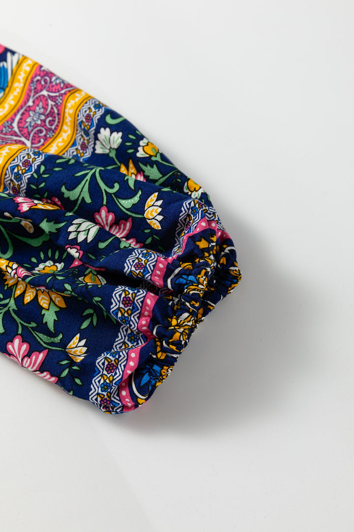 Blue Bohemian Floral Print Tassel Tie Front Long Sleeve Blouse