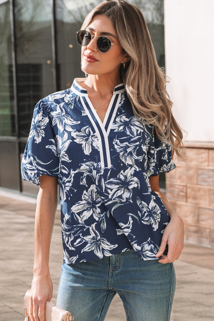 Blue Floral Print Short Puff Sleeve Striped Trim V Neck Blouse
