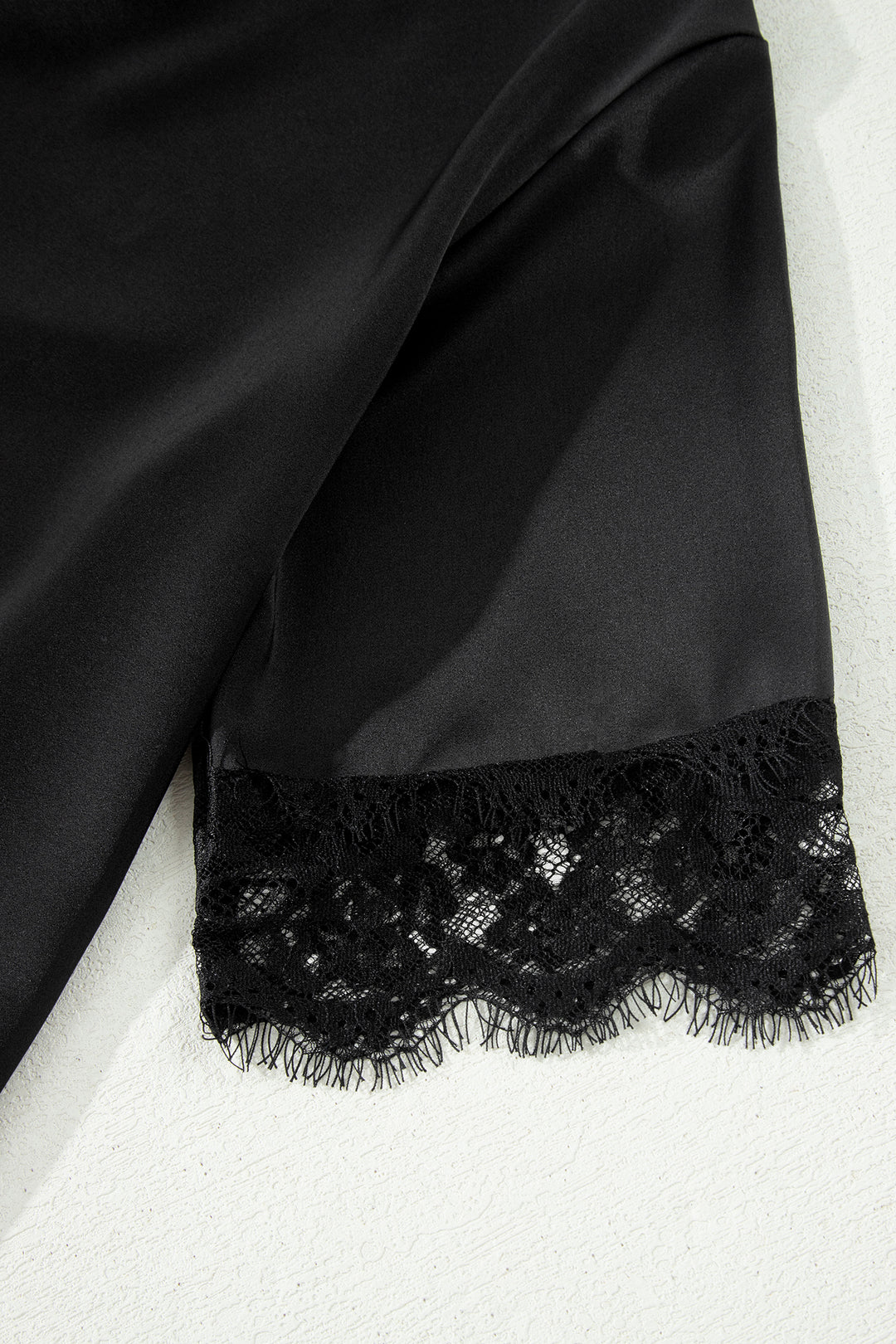 Black Asymmetric Lace Trim Short Sleeve Satin Top