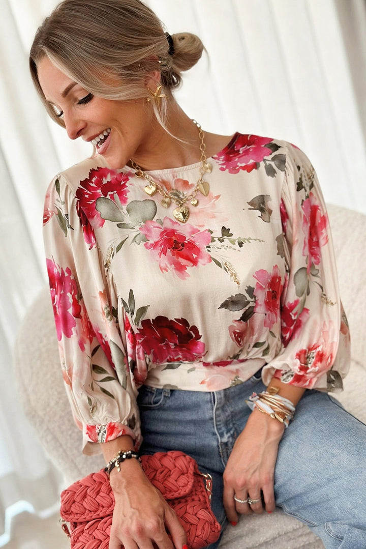 Rose Floral 3/4 Sleeve Lace-up Back Blouse