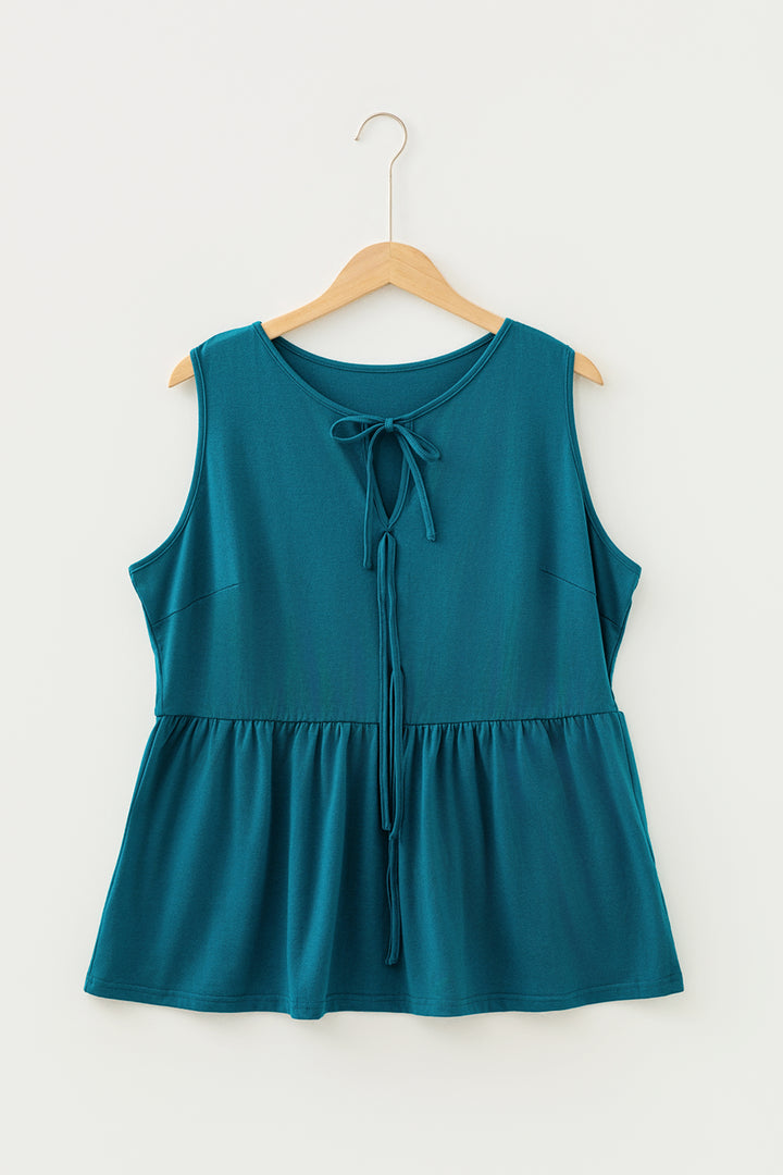 Blue Sapphire Plus Size Solid Color Bow Tie Peplum Tank Top