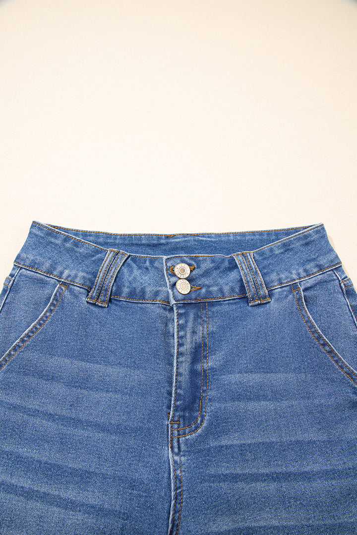 Sky Blue Double Button Zip Fly Straight Leg Jeans