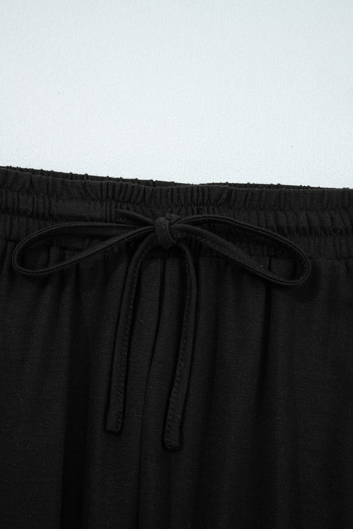 Black Ruffled Wide Leg Pull On High Waist Pants with Pockets