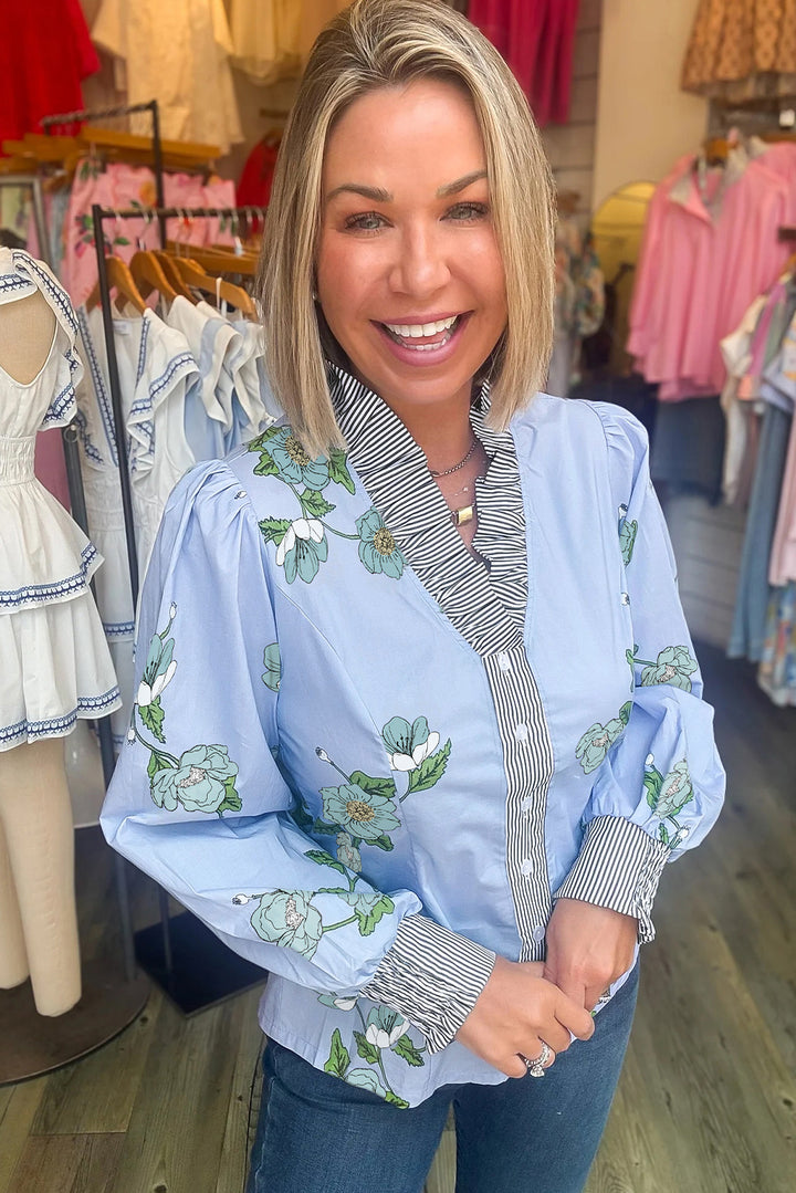 Sky Blue Floral Print Contrast Striped Trim Ruffled V Neck Fall Blouse