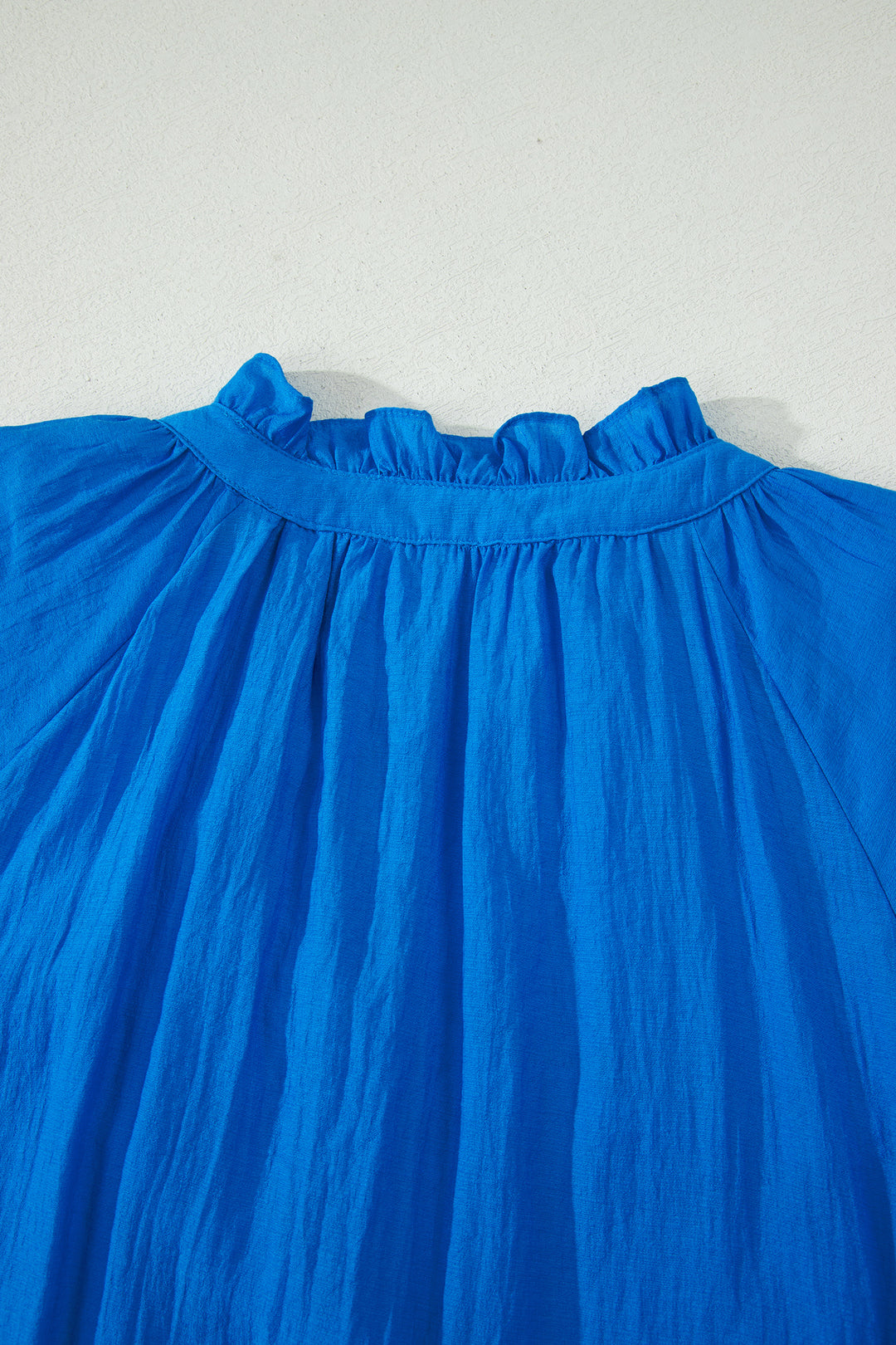 Blue Flower Embroidered Split Neck Short Puff Sleeve Ruffle Hem Dress