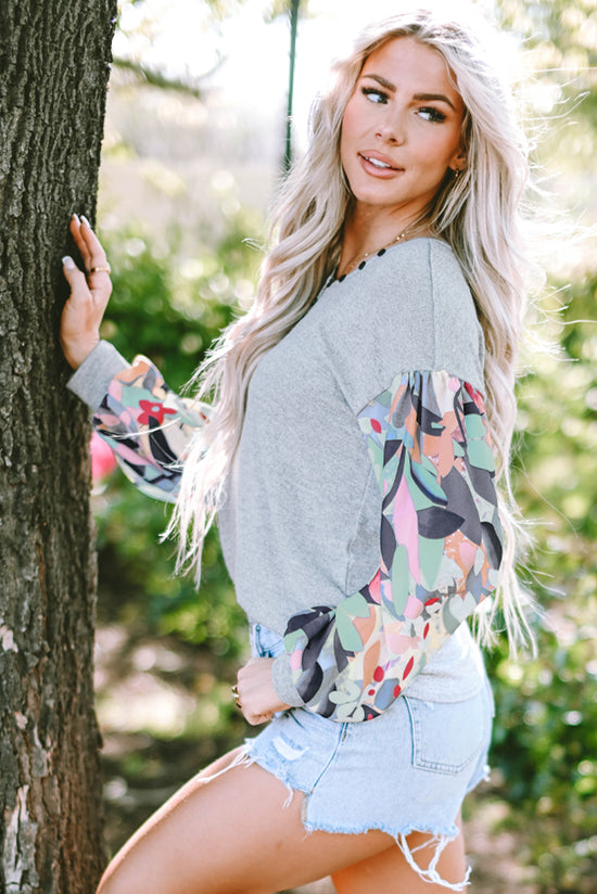 Gray Floral Lantern Sleeve Patchwork Buttoned V Neck Top | Women